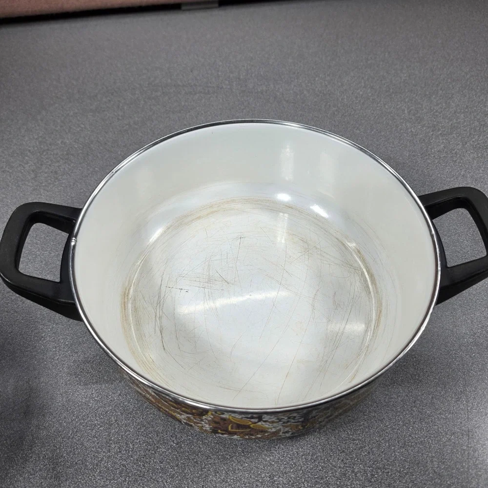 Vintage Fancipans‎ Enamelware Stockpot Set 2pc Brown Gold Paisley Floral 70s